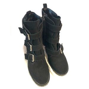 Crown Vintage black suede leather ankle combat army blocked heel boots size 9 M